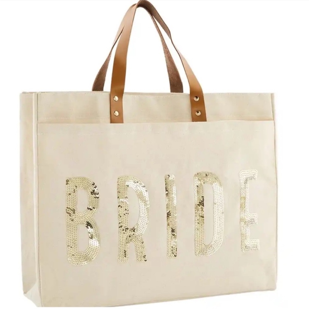 Bride Canvas Tote Bag with Tan Handles Gold Bridal Mud Pie